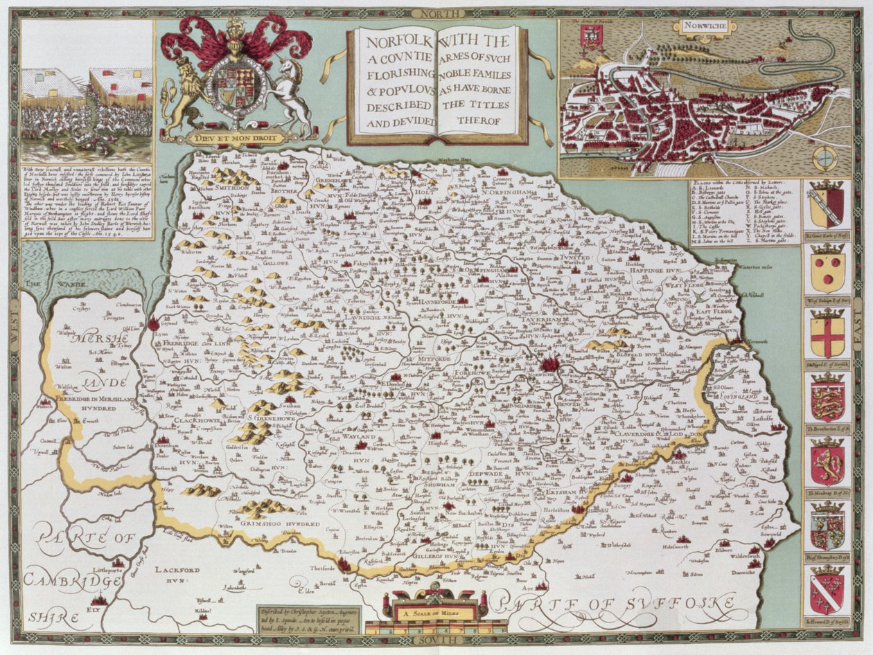 ジョンスピードの「英国帝国劇場」パブからジョドカスホンディウス（1563-1612）によって刻まれたノーフォーク。ジョン・サドベリーとジョージ・ハンブル、1611-12（手彩色の銅版画） 作： ジョン・スピード