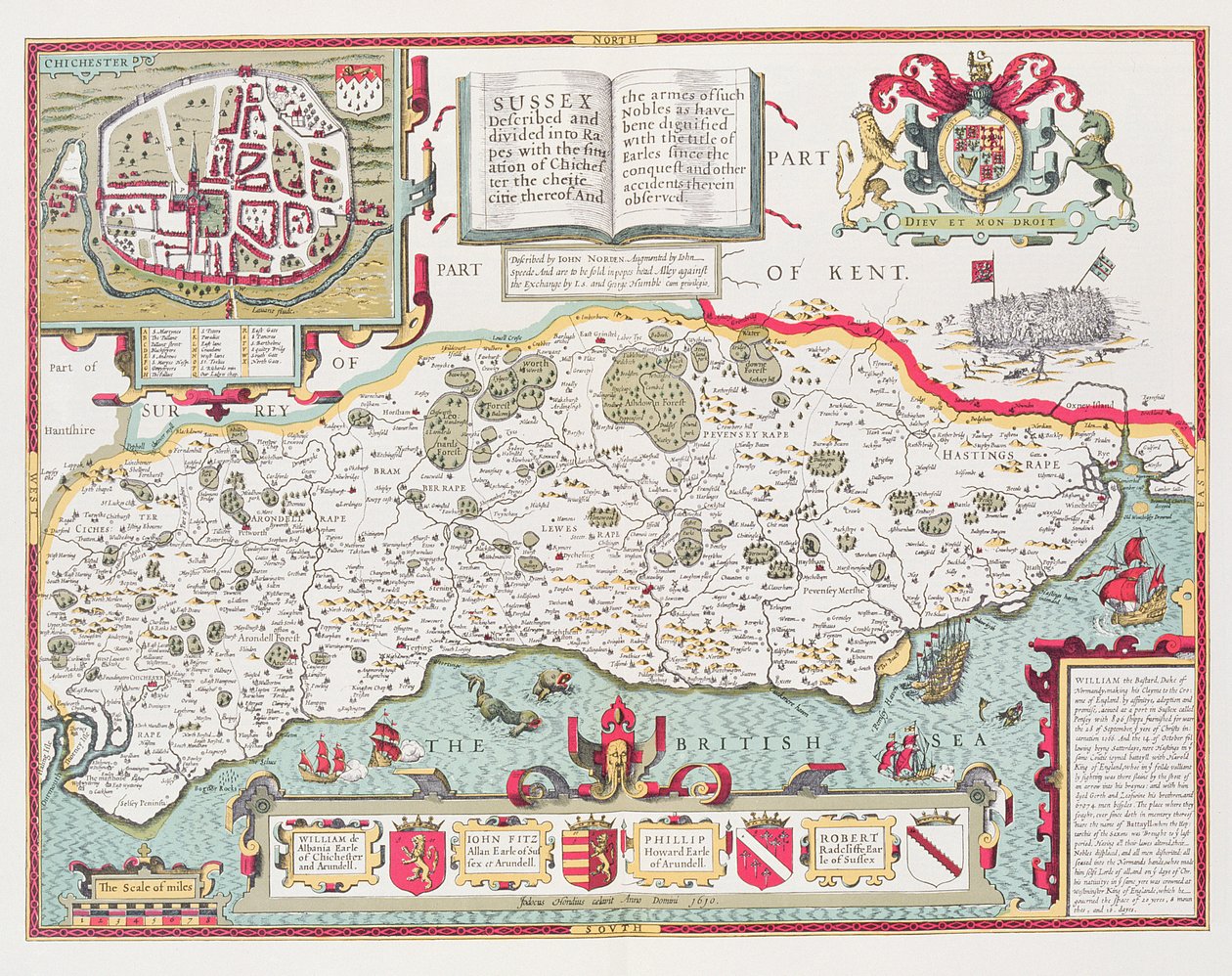 ジョンスピードの英国帝国劇場のパブからジョドカスホンディウス（1563-1612）によって刻まれたサセックス。ジョン・サドベリーとジョージ・ハンブル、1611-12（手彩色の銅版画） 作： ジョン・スピード
