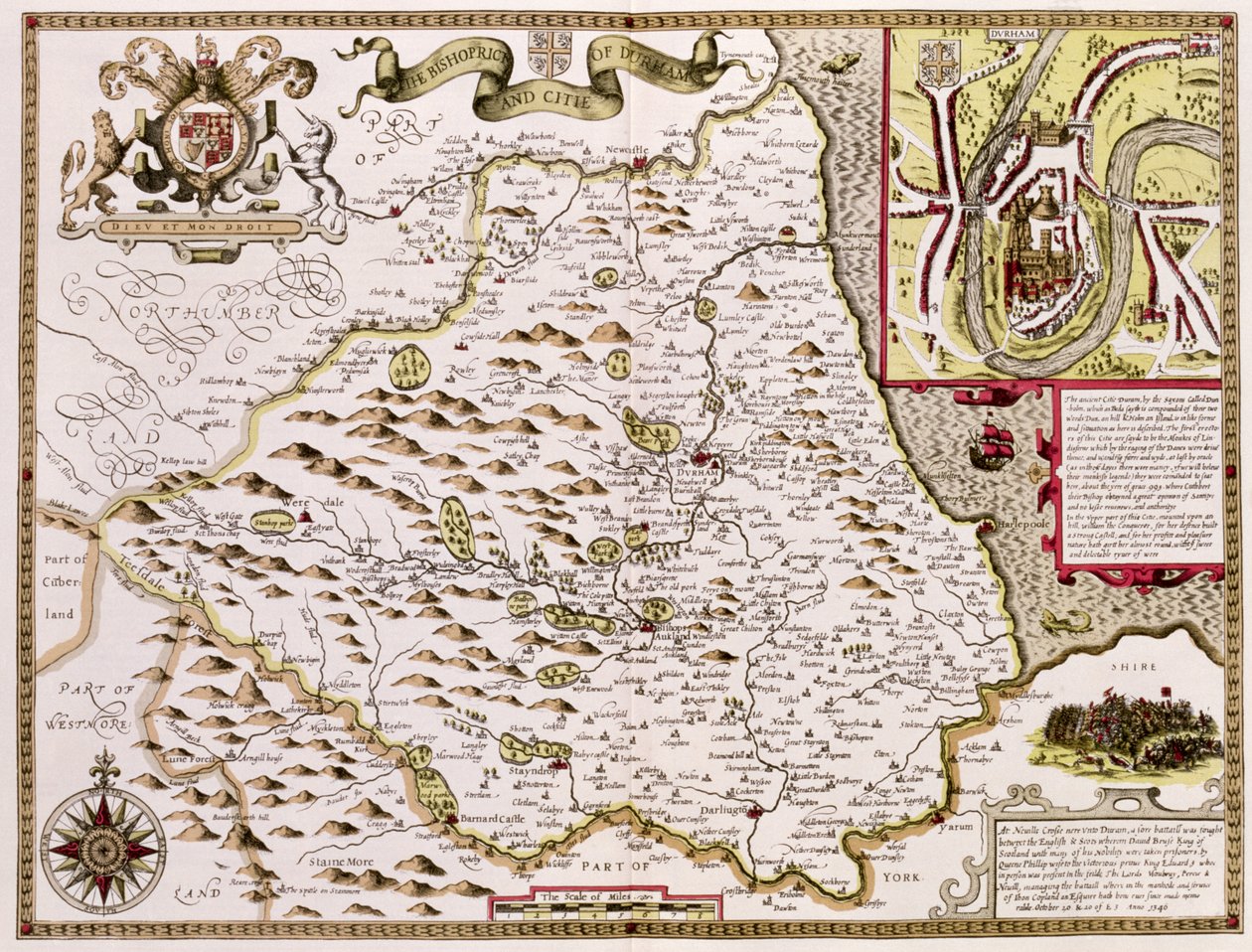 ジョンスピードの「英国帝国劇場」のパブからジョドカスホンディウス（1563-1612）によって彫刻されたビショップリックとダラムの街。ジョン・サドベリーとジョージ・ハンブル、1611-12（手塗りのco 作： ジョン・スピード
