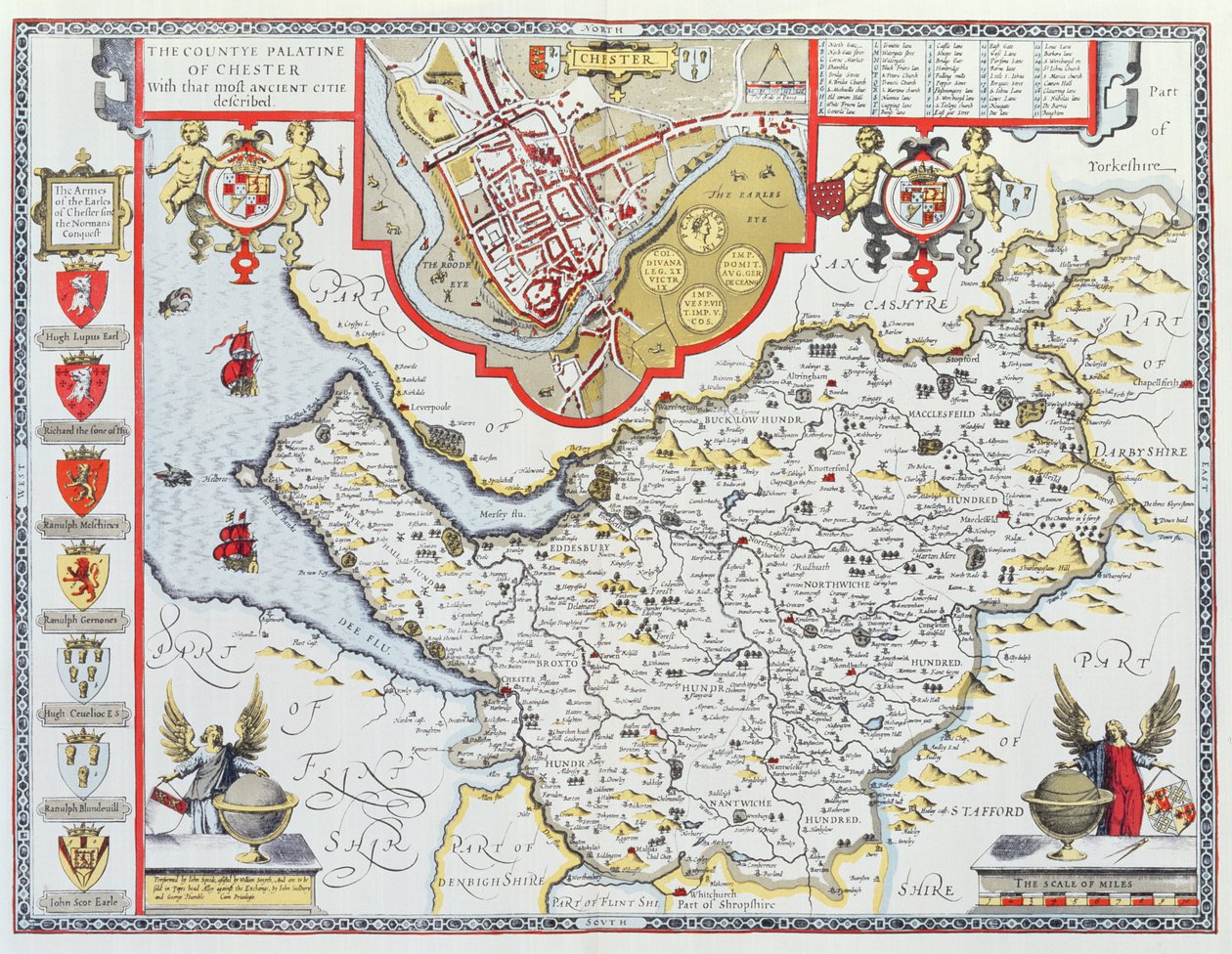 ジョンスピードの「英国帝国劇場」のパブからジョドカスホンディウス（1563-1612）によって刻まれたチェスターのパラティーノ郡。ジョン・サドベリーとジョージ・ハンブル、1611-12（手塗りのcopp） 作： ジョン・スピード