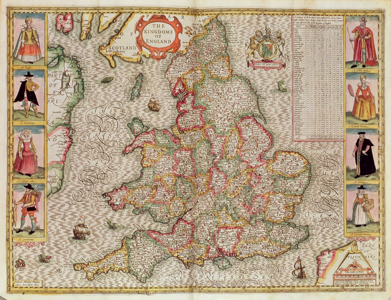 ジョンスピードの「英国帝国劇場」のパブからジョドカスホンディウス（1563-1612）によって刻まれたイングランドの王国。ジョン・サドベリーとジョージ・ハンブル、1611-12（手彩色の銅エングラ） 作： ジョン・スピード