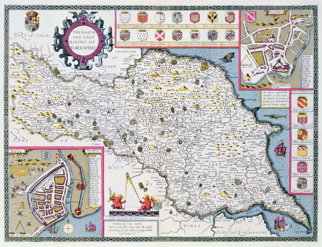 ジョンスピードの「英国帝国劇場」のパブからジョドカスホンディウス（1563-1612）によって刻まれたヨークシャーのノースライディングとイーストライディング。ジョン・サドベリーとジョージ・ハンブル、1611-12 作： ジョン・スピード