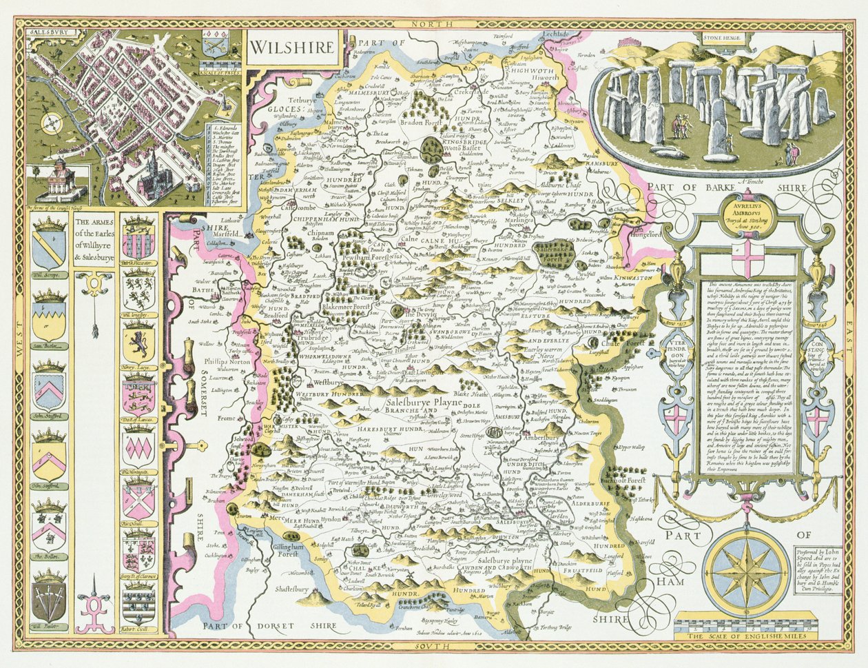 ジョドカスホンディウス（1563-1612）によって刻まれたウィルトシャー。イギリスのジョンスピードの帝国劇場、パブ。ジョン・サドベリーとジョージ・ハンブル、1611-12（手彩色の銅版画） 作： ジョン・スピード