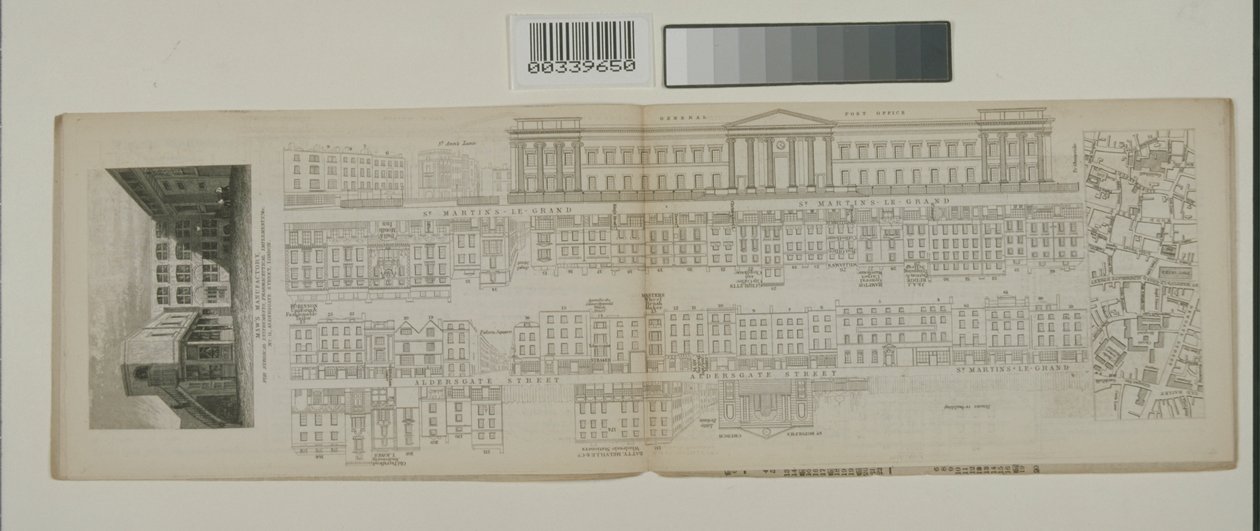 セントマーチンのルグラン、郵便局、アルダースゲートストリートの眺め、1838年頃 作： ジョン・タリス