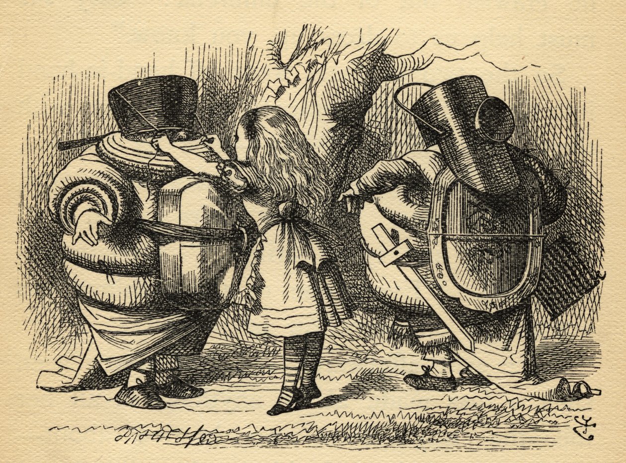 ガラガラの戦い、ルイスキャロル（1832-98）の「鏡を通して」のイラスト、1871年に初公開 作： ジョン・テニエル