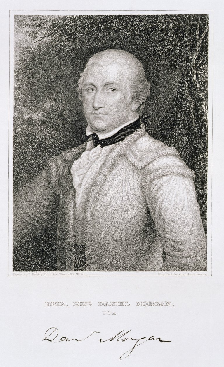 元のスケッチをジェームズヘリング（1794-1867）が描いた後、ジョンフランシスユージーンプルドオム（1800-92）が彫刻したダニエルモーガン准将（1736-1802） 作： ジョン・トランブル