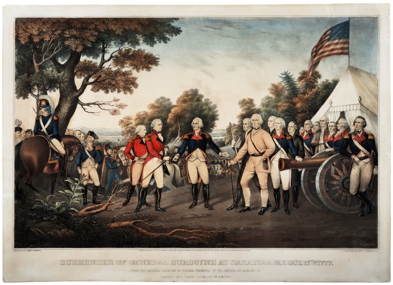 1777年10月17日、サラトガニューヨークでバーゴイン将軍降伏、ニューヨーク、プリント、ナサニエルキュリア作、1852年 作： ジョン・トランブル
