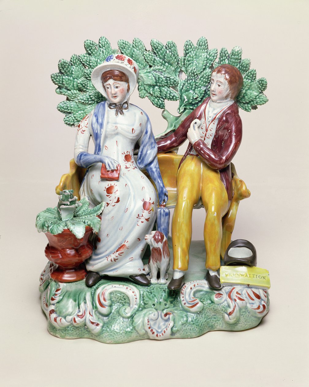 求愛者のカップルの「忍耐」図、c.1815-28（エナメルで上塗りされた真珠製品） 作： ジョン・ウォルトン