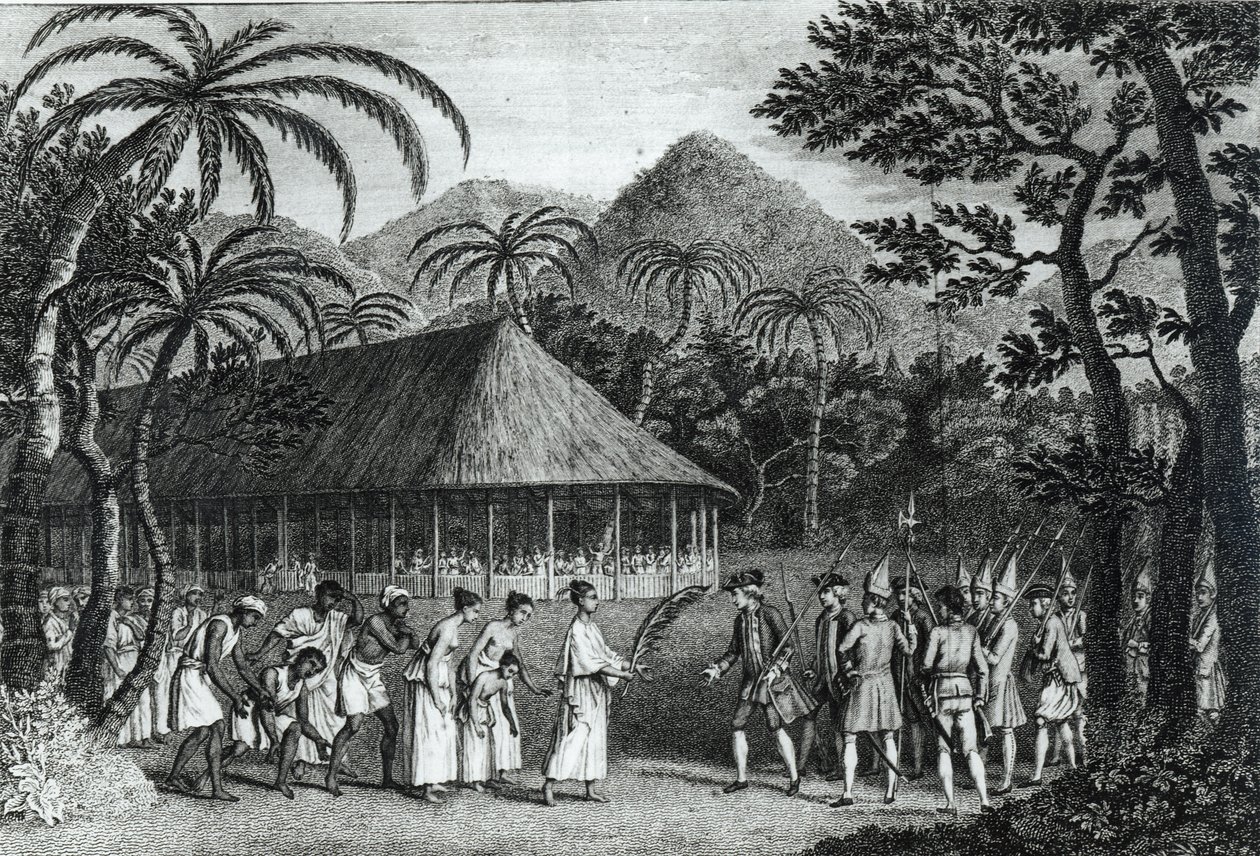 ジョンホール（1739-97）によって彫刻されたジェームズクック（1728-79）による「太平洋への航海」からタヒチ島の女王オベレアによって受け取られたキャプテンサミュエルウォリス（1728-1830）（bw 作： ジョン・ウェバー