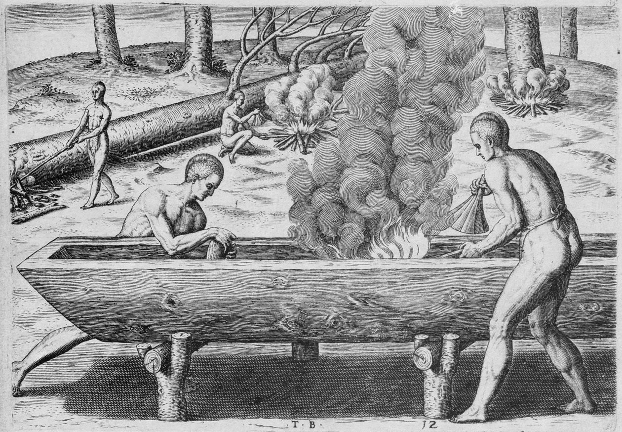 セオドア・ド・ブライ（1528-1598）1590によって彫刻された「アドミランダナラティオ」からカヌーを作るインディアン 作： ジョンホワイト