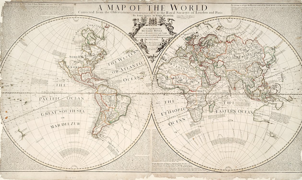 ロンドンとパリの王立協会に伝えられた世界地図、右のリチャードボイル、1711年（カラー彫刻） 作： ジョン・セネックス