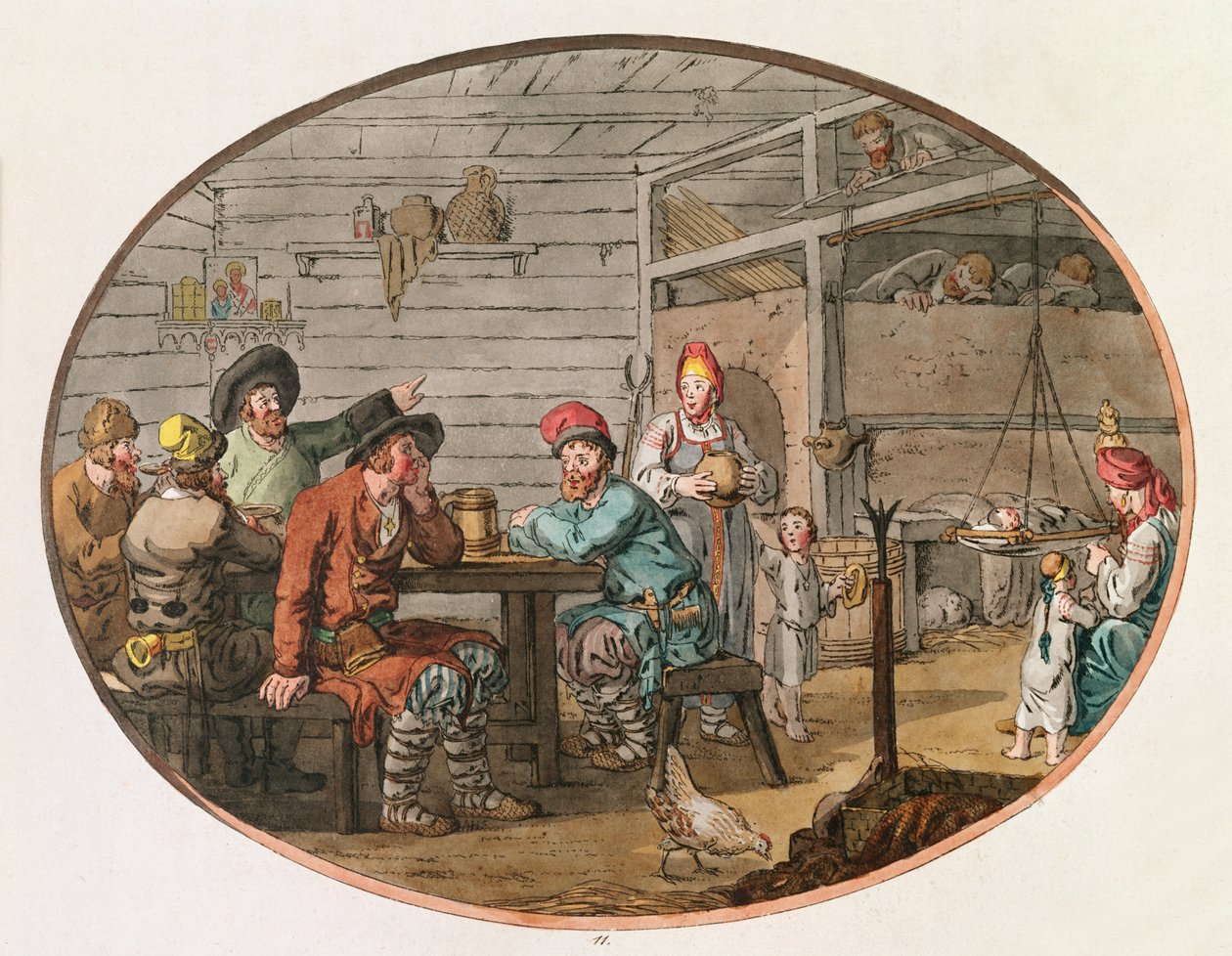 ロシアの農民小屋、1798年（手描きのエッチング） 作： ジョン・オーガスタス・アトキンソン
