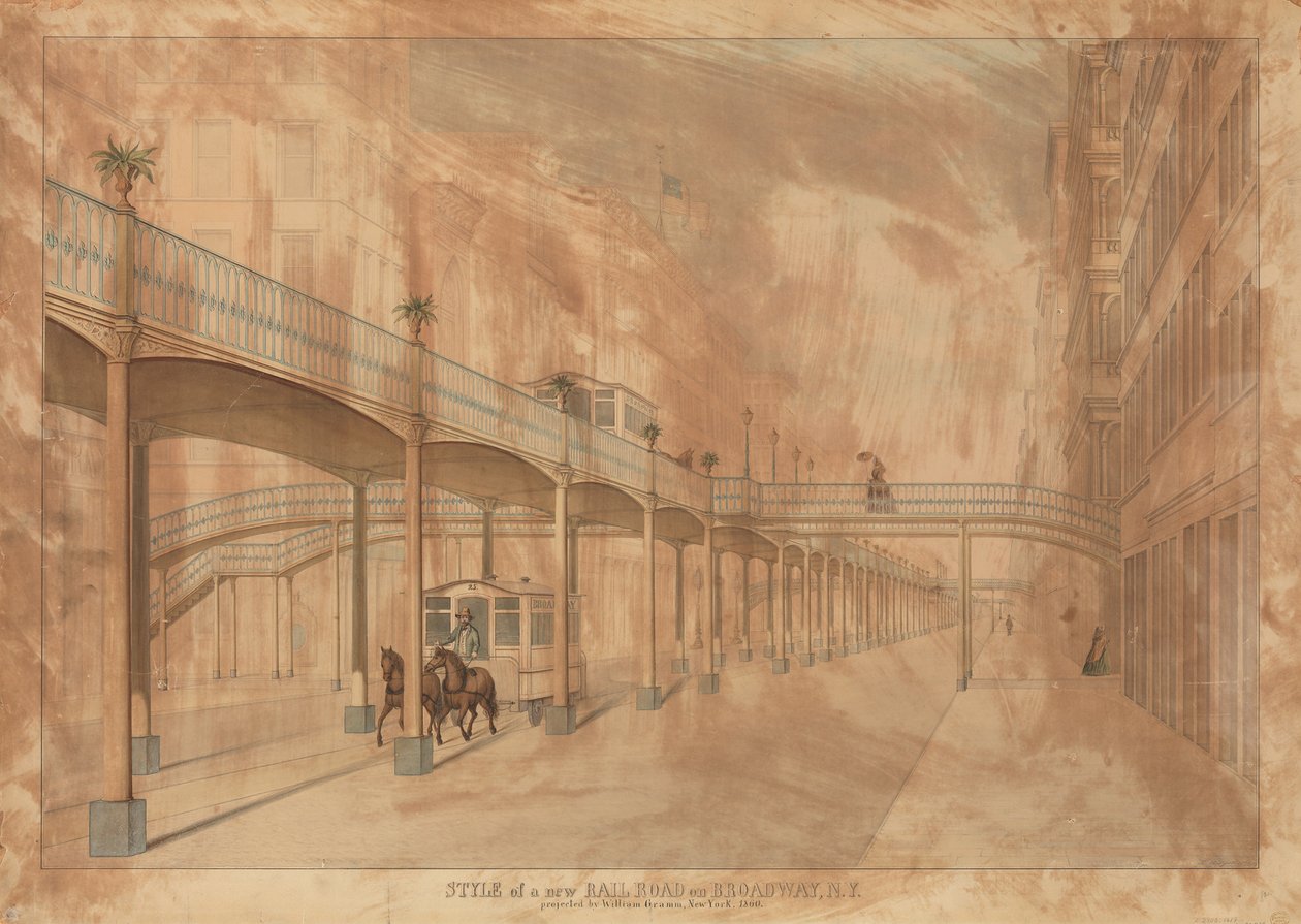 高架鉄道、ブロードウェイ、ニューヨーク、1861年。 作： ジョン・ベイゲル