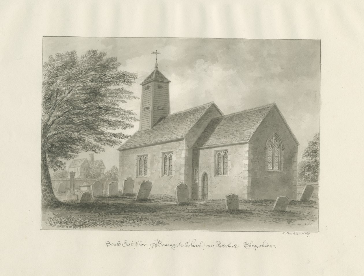 Patshull - Boningale Church：セピア色の水彩画 作： ジョン・バックラー