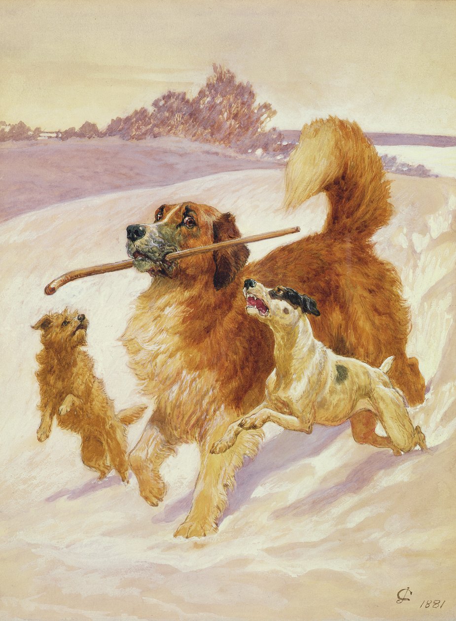 雪の中で遊ぶ3匹の犬、1881年 作： ジョン・チャールトン