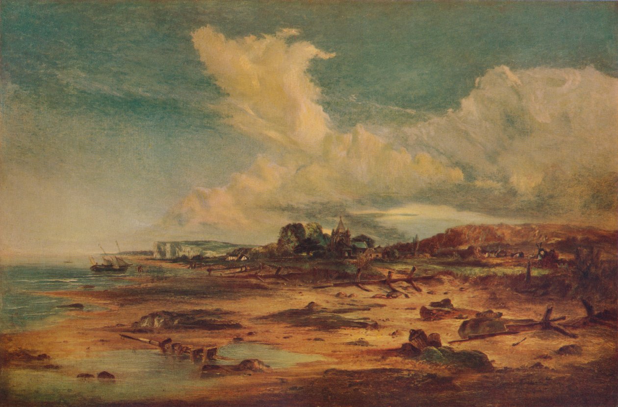 教会のある海岸の風景、c1824 作： ジョン・コンスタブル