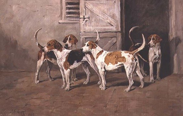 厩舎のドアのそばにいる4匹の猟犬 作： ジョン・エムズ