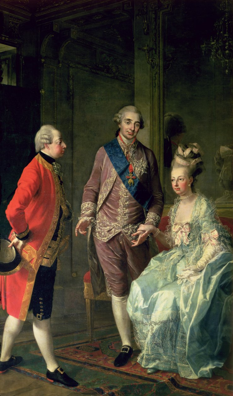 大公マクシミリアンフランツがマリーアントワネット（1755-93）とルイ16世（1754-93）を訪問c.1775 作： ヨーゼフ・ハウジンガー