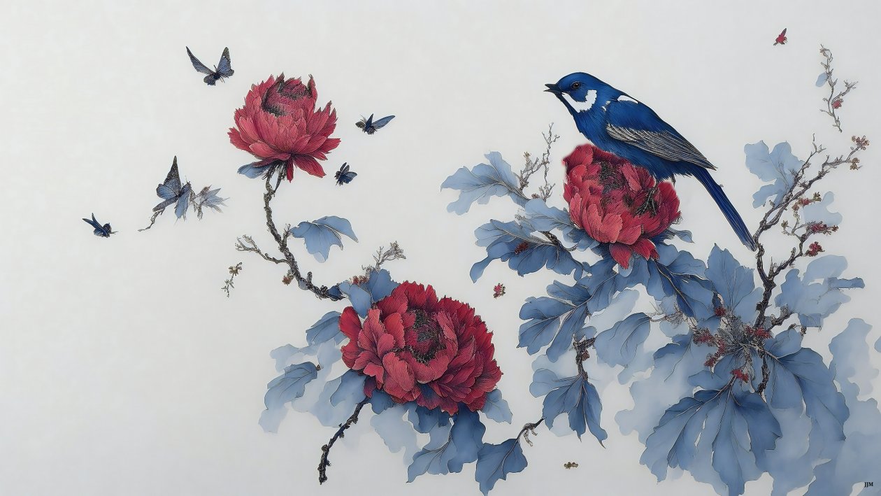 インク画青で描かれたPEONY_01 作： ジョセフ・ヨハン・マイケル