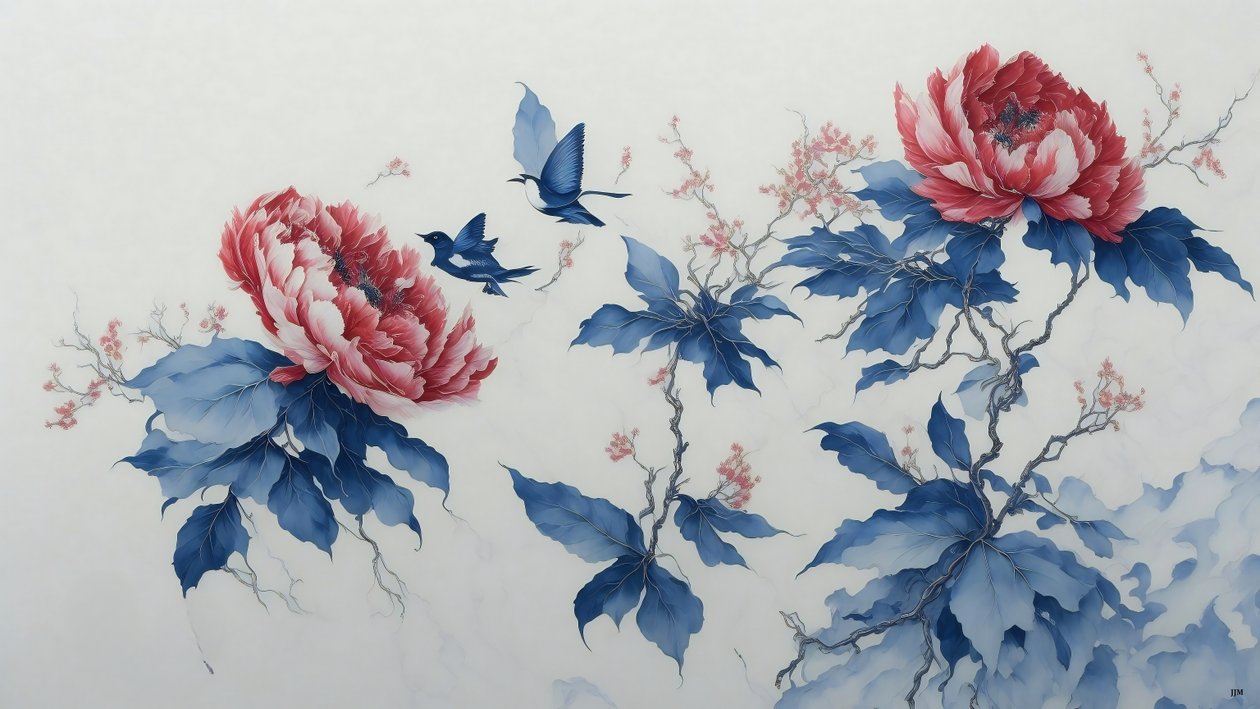 インク画青で描かれたPEONY_02 作： ジョセフ・ヨハン・マイケル