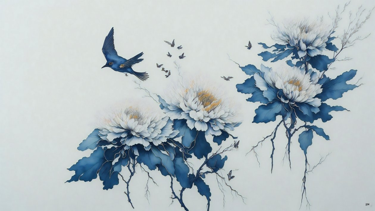 水墨画：菊の花・青_01 作： ジョセフ・ヨハン・マイケル
