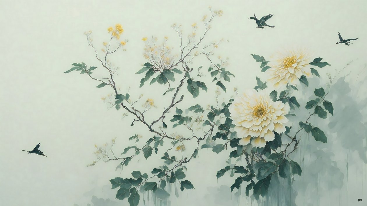 水墨画：菊の花・緑_01 作： ジョセフ・ヨハン・マイケル