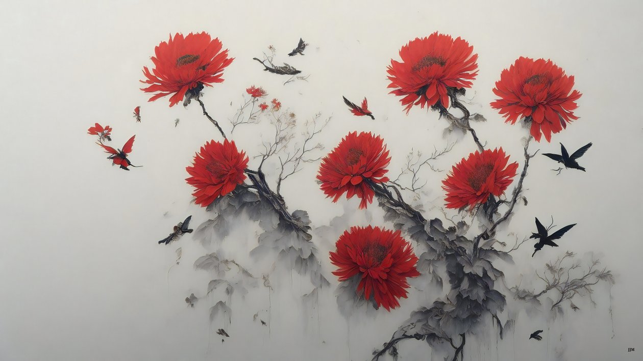 水墨画：菊の花・赤_01 作： ジョセフ・ヨハン・マイケル