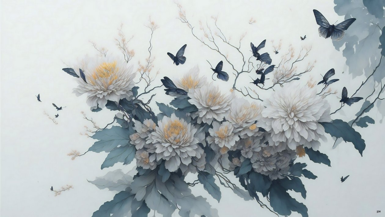 水墨画：菊の花・白_01 作： ジョセフ・ヨハン・マイケル