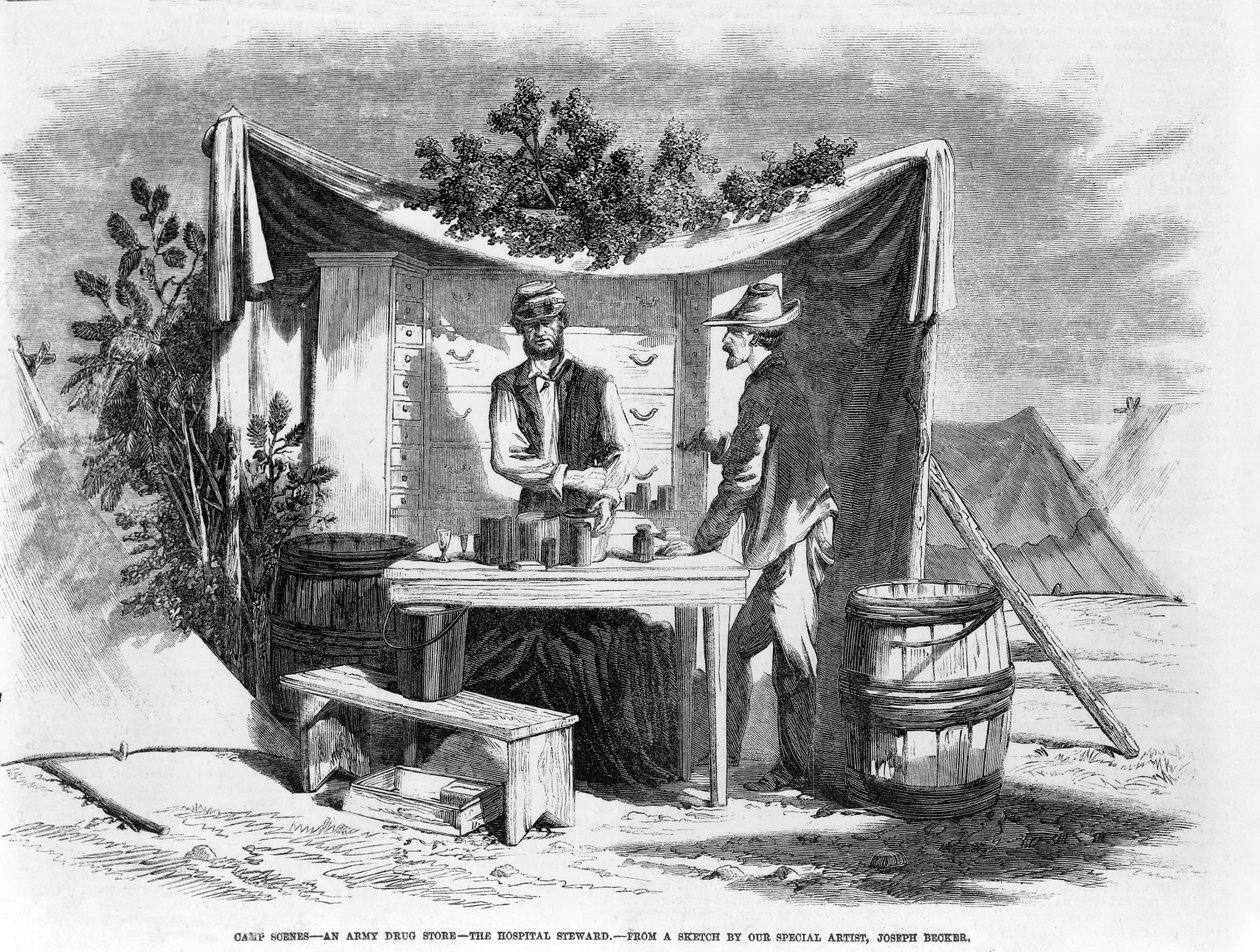 キャンプシーン-陸軍ドラッグストア-病院の執事、パブ。 1864 作： ジョセフ・ベッカー