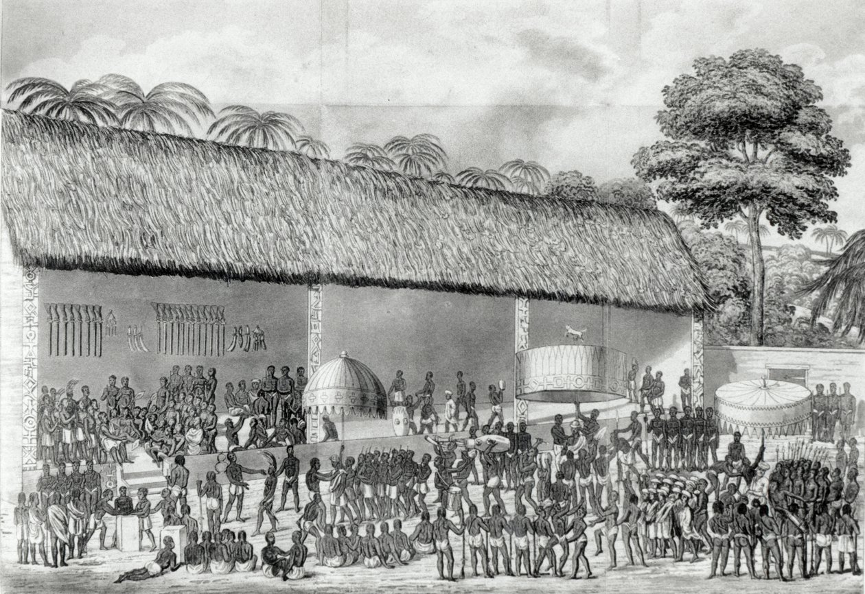 1820年3月にアシャンティ王の宮廷で行われたアダイの宗教祭。デュプイによる「アシャンティーの住居日誌」から1824年に出版 作： ジョセフ・デュプイ