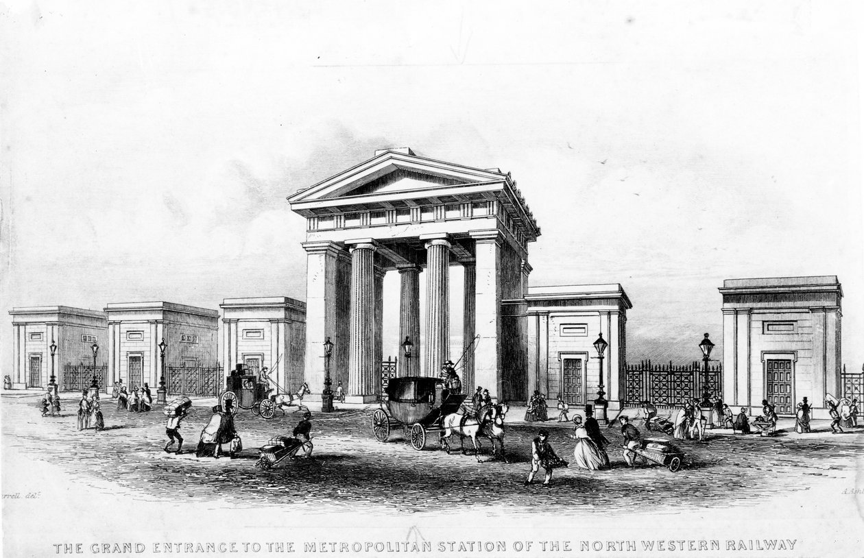 1837年頃、アルフレッドアシュリーによって彫刻されたノースウエスタン鉄道のメトロポリタン駅のグランドエントランス 作： ジョセフ・フランシス・バレル