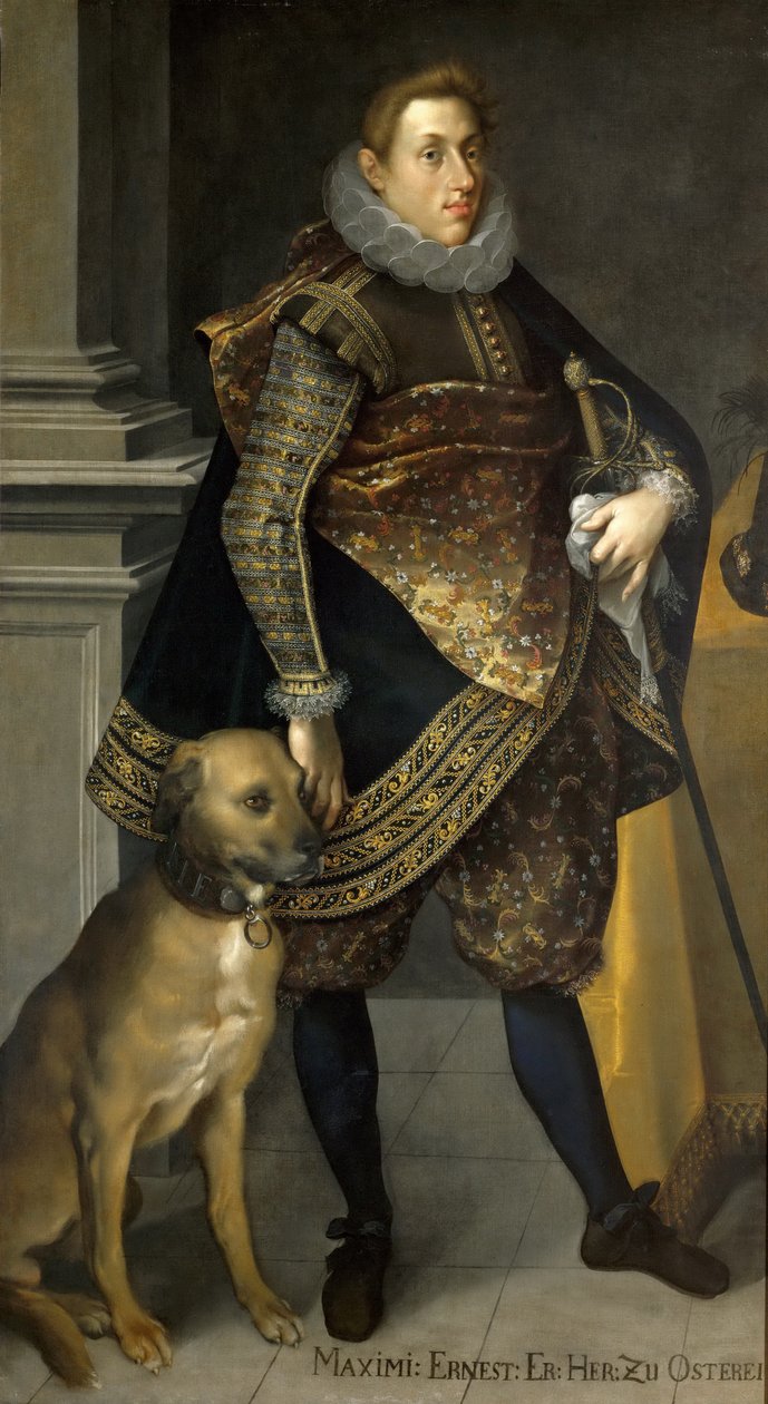 狩猟犬を連れた大公マクシミリアンエルンスト（1583-1616） 作： ジョセフ・ハインツ・ザ・エルダー