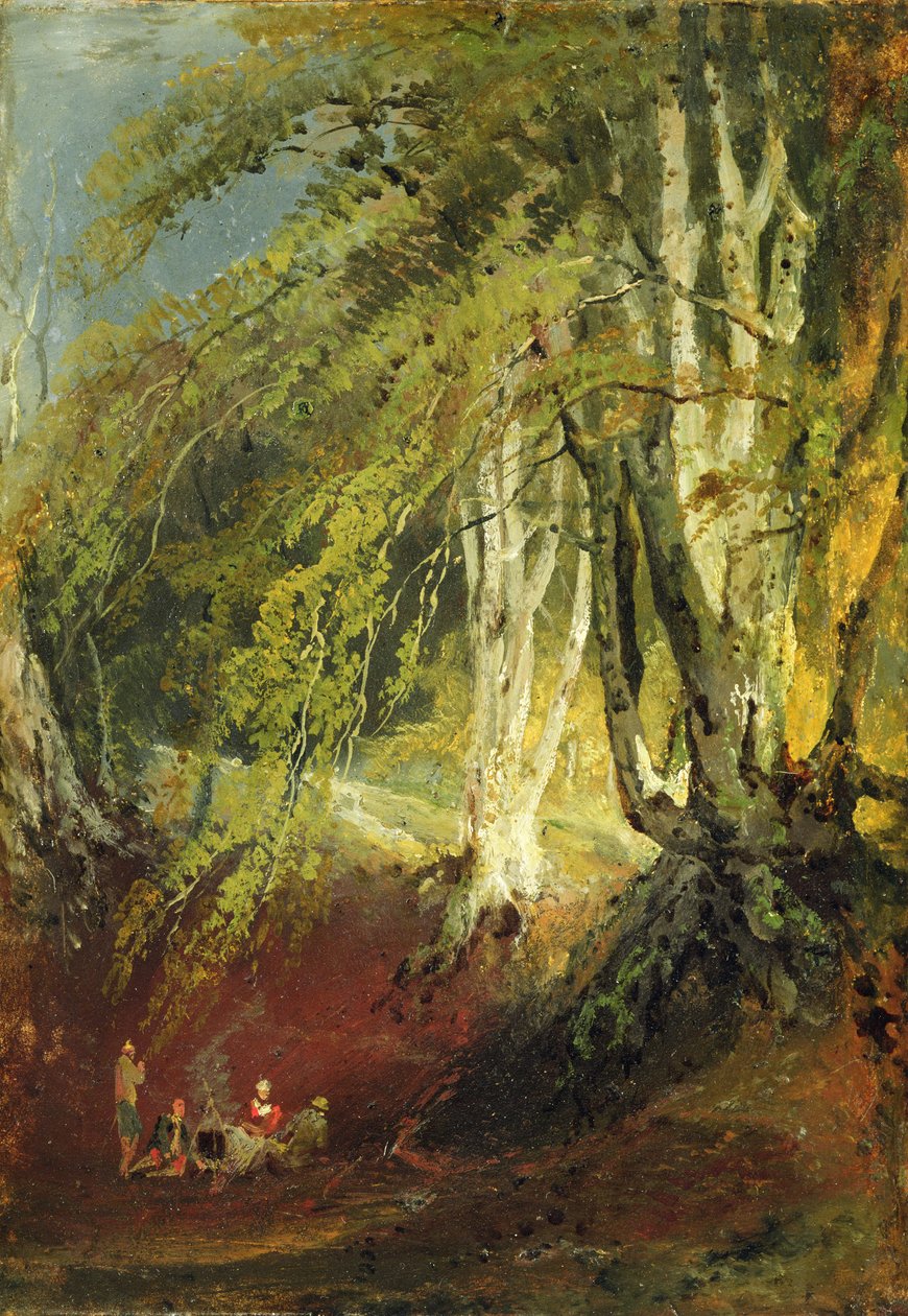 キャンプファイヤーの周りにジプシーが座っているブナの木、c.1799-1801（パネルに敷いた紙に油彩） 作： ジョセフ・マロード・ウィリアム・ターナー