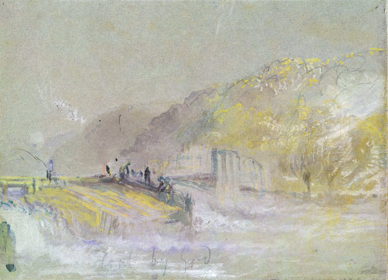 神による反則：堰から釣り人が釣りをする川の風景、c.1830（紙の上に鉛筆とチョークでトイレとボディカラー） 作： ジョセフ・マロード・ウィリアム・ターナー