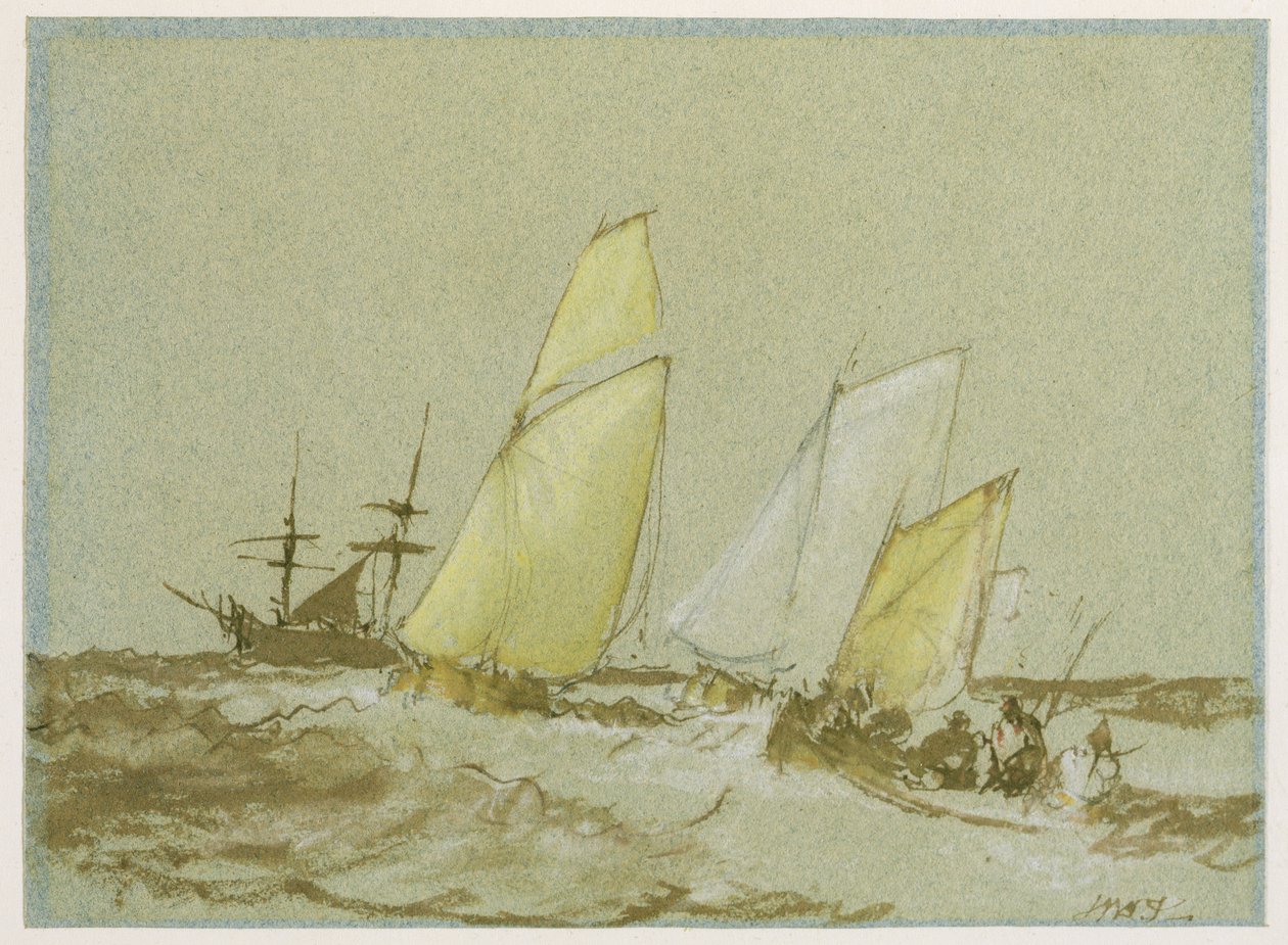 送料、c.1828-30（青い紙にペン、ブラシ、茶色のインク、ボディカラー、グラファイト） 作： ジョセフ・マロード・ウィリアム・ターナー