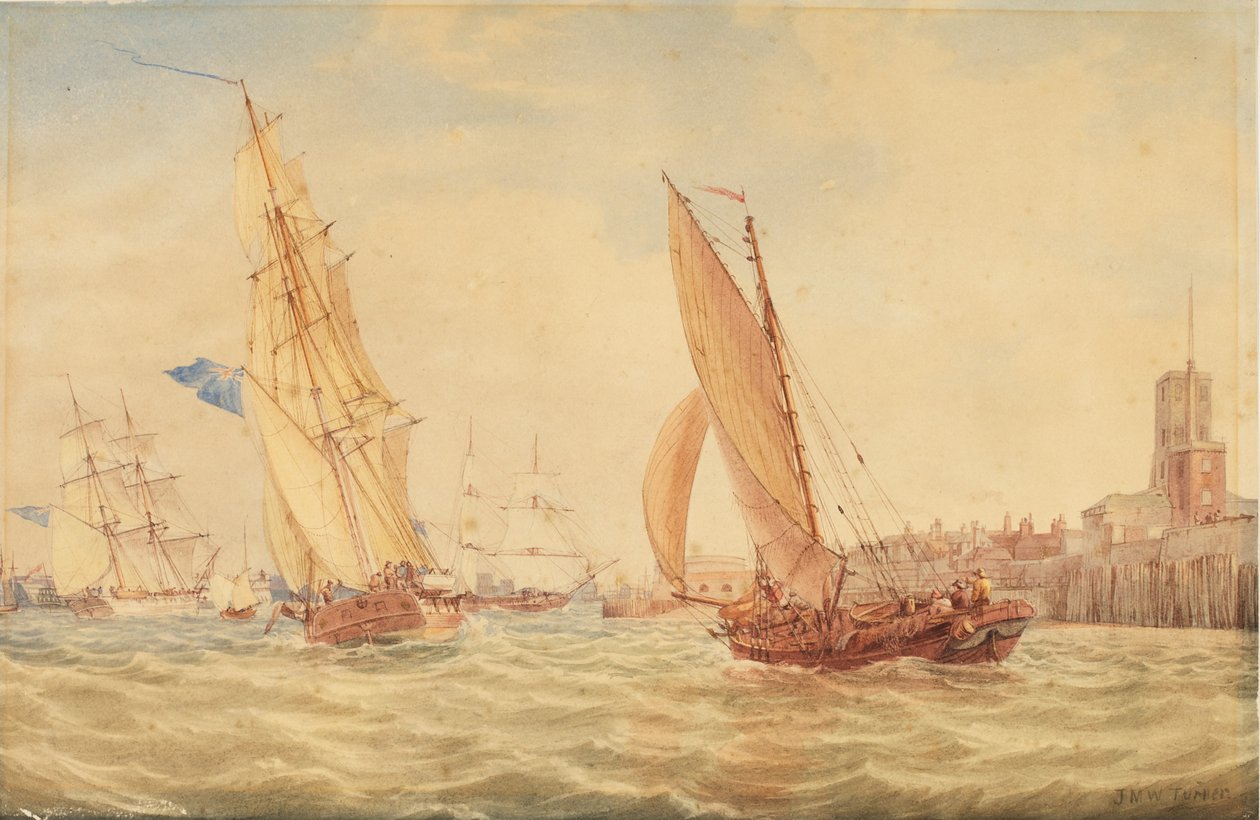 ポーツマスの港に入る戦争の3つのスループと釣りの小槌、c.1800-30 作： ジョセフ・マロード・ウィリアム・ターナー