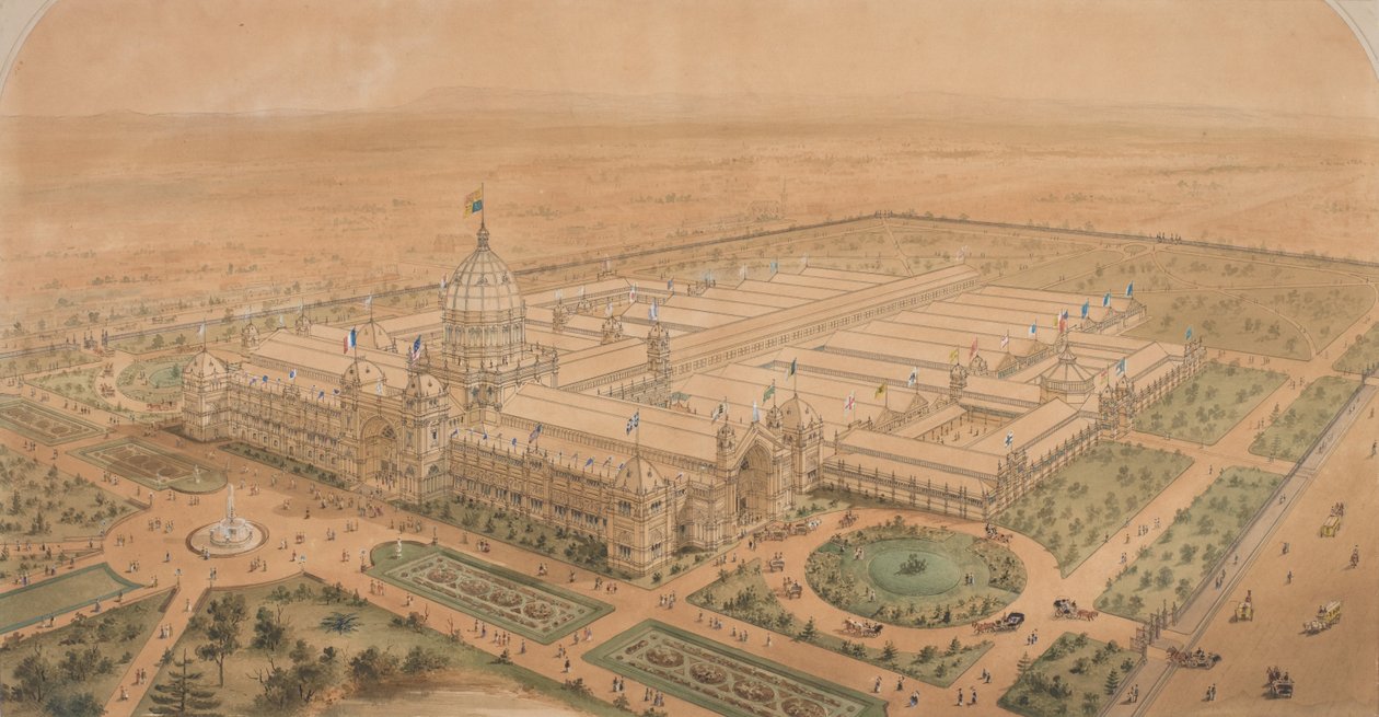 メインホールを示す南東からの展示棟メルボルン1880 作： ジョセフ・リード
