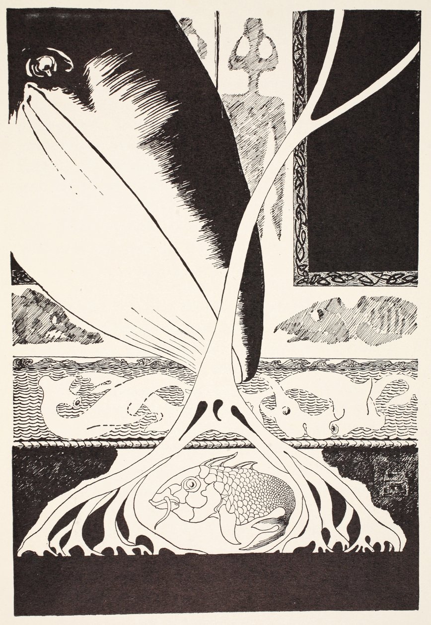 Rudyard Kiplingのパブによる「小さな魚のためのちょうどそう物語」からのイラスト「Stute Fish」のイラストを探しているクジラ。ロンドン、1951 作： ジョセフ・ラドヤード・キプリング
