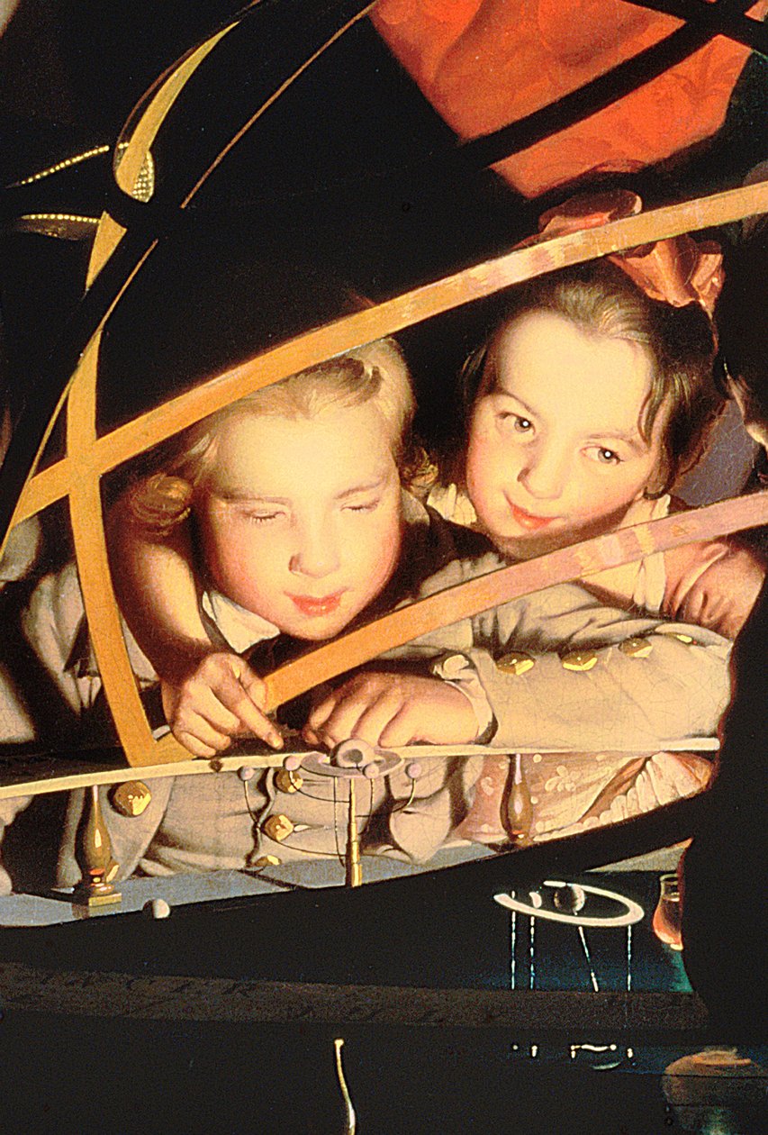 Orrery、c.1766の油彩、4242のキャンバスの詳細を検査する子供たち 作： ダービーのジョセフライト