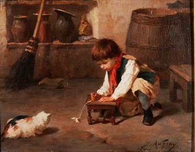 子猫と遊ぶ（パネル） 作： ジョセフ・アタナセ・オーフレイ
