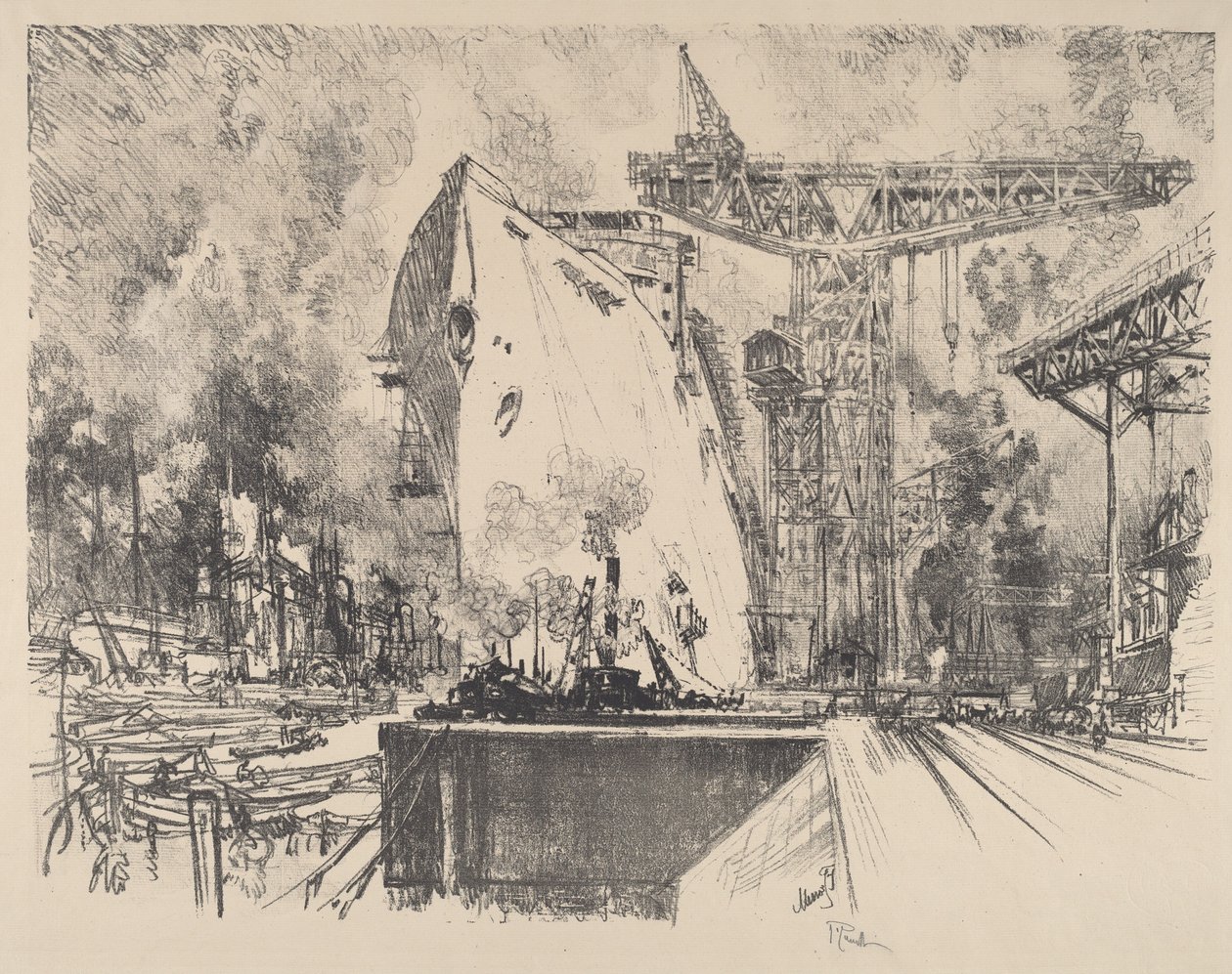 ビスマルクの建造、ハンブルク、1914 年。 作： ジョセフ・ペネル