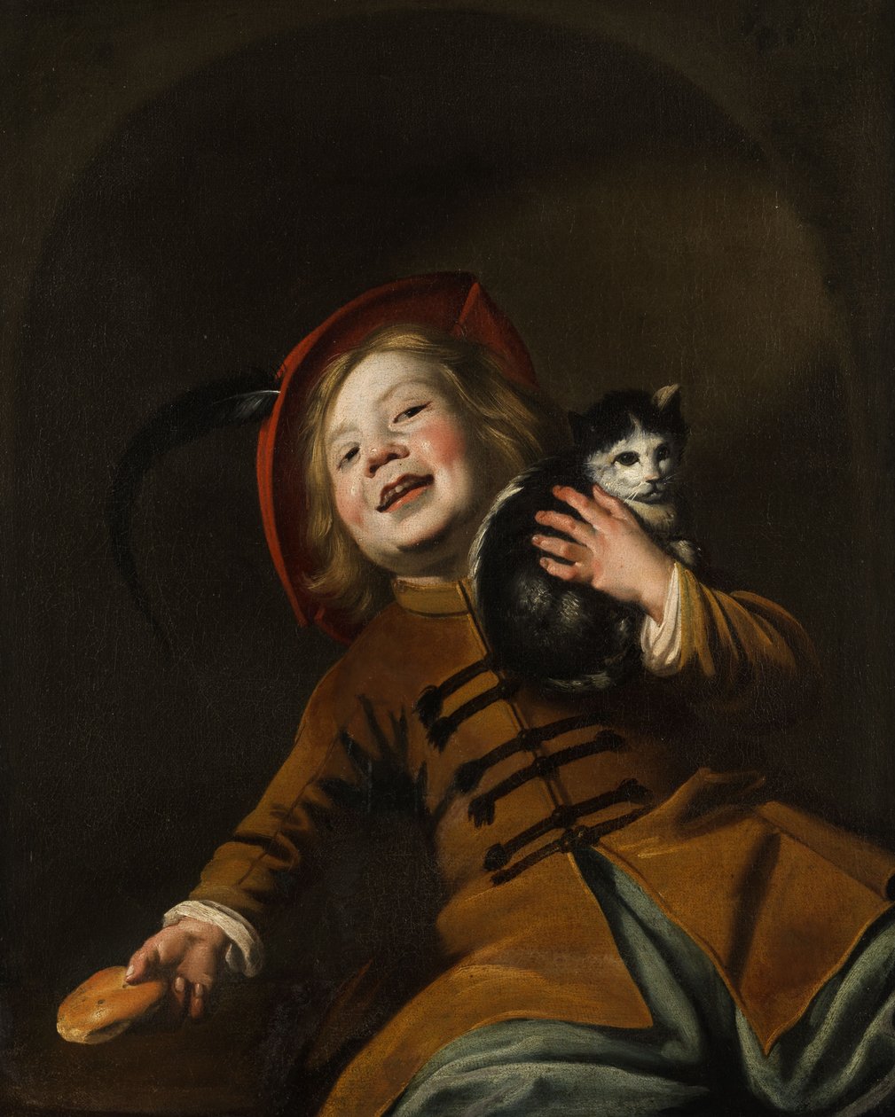 猫、赤い帽子、パン切れの男の子の肖像画 作： ジュディス・レイスター
