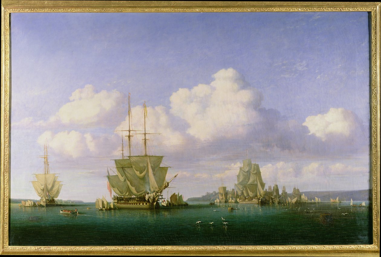 穏やかな天気でのブレストのアンカレッジ、1844 作： ジュール・アキレ・ノエル