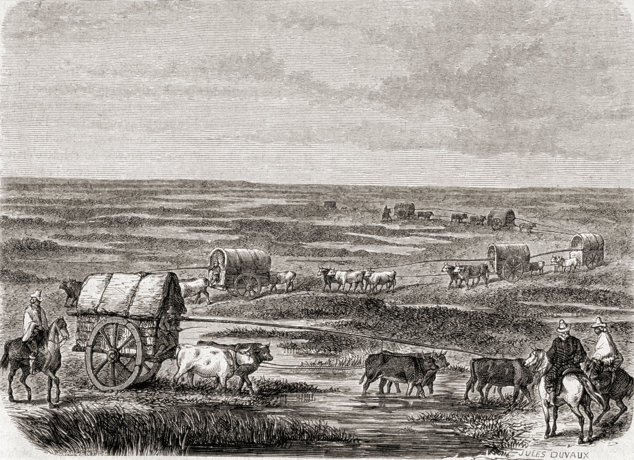 アルフレッドルイスサージェントによって刻まれた1860年代のアルゼンチンのパンパスのワゴントレイン（b.1828） 作： ジュール・アントワーヌ・デュヴォー