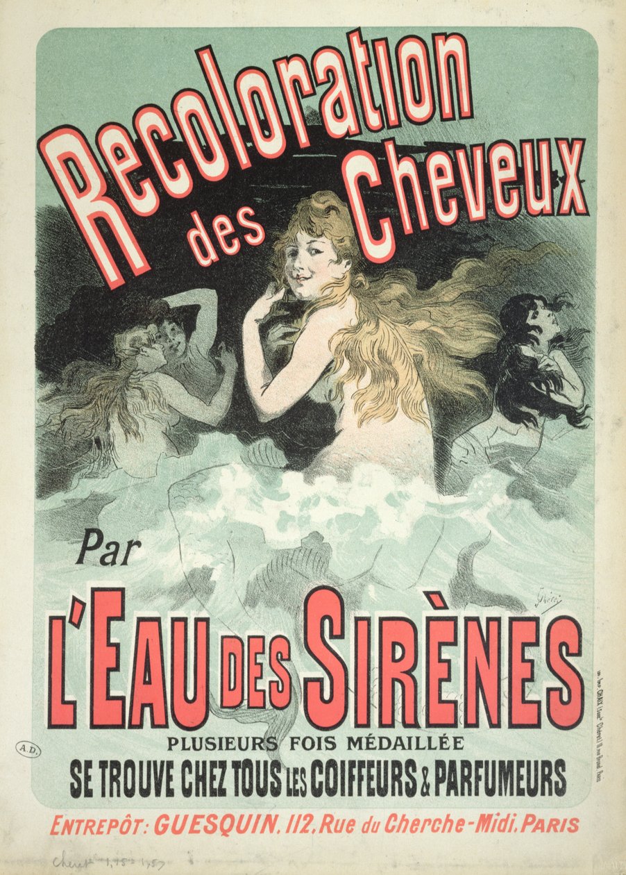 「L&39;Eau des Sirenes」のヘアカラーの広告ポスター、1899年 作： ジュール・チェレット