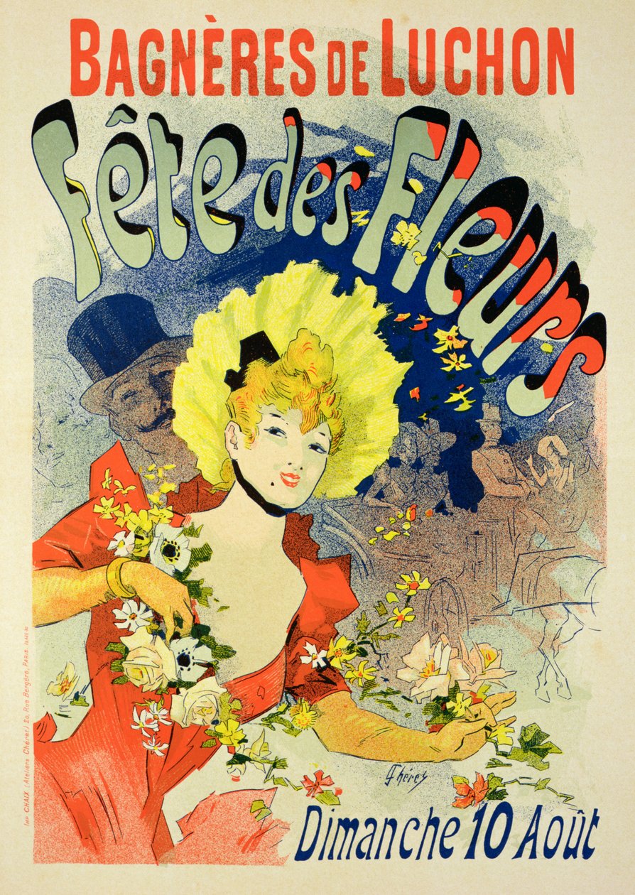 バニェールドルションでのフラワーフェスティバルを宣伝するポスターの複製、1890 作： ジュール・チェレット