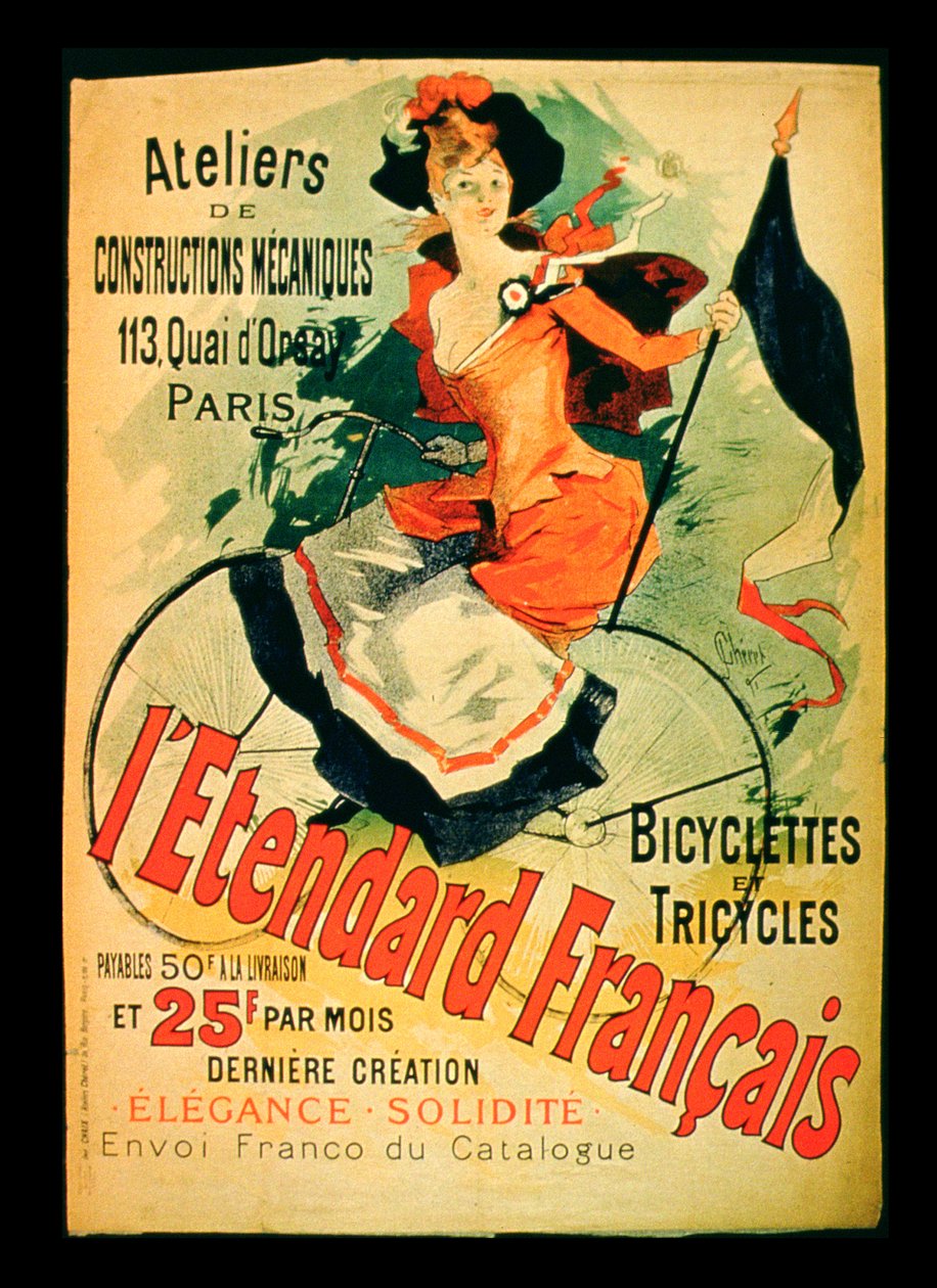 「フランス規格」、「建設機械の工芸品、自転車、三輪車、パリ、1891年」を宣伝するポスター 作： ジュール・チェレット