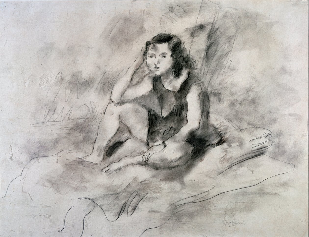 座る少女（水彩・インク、1910年頃 作： ジュール・パスシン