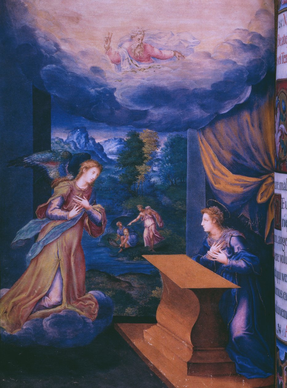 Fol.5v、受胎告知、スペインのフィリップ2世王の修道院の複製、1569年（羊皮紙） 作： ジュリアンとレオン、アンドレス・デ・フエンテ・デル・サズ