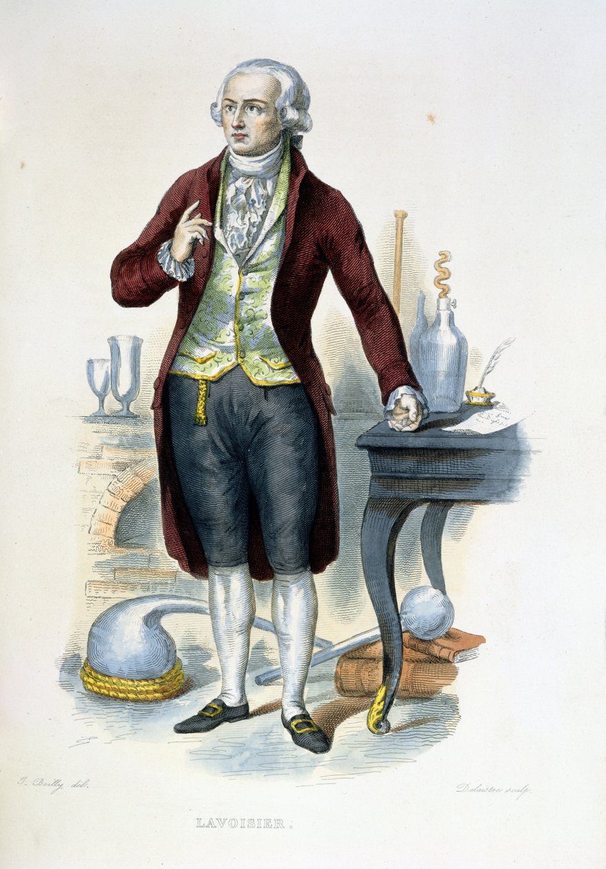アントワーヌ・ローラン・ド・ラヴォワジエ（1743-94）のイラスト、E。メネシェ作の「ル・プルタルク・フランセ」、1835年のデライストルの彫刻 作： ジュリアン・レオポルド・ボイリー